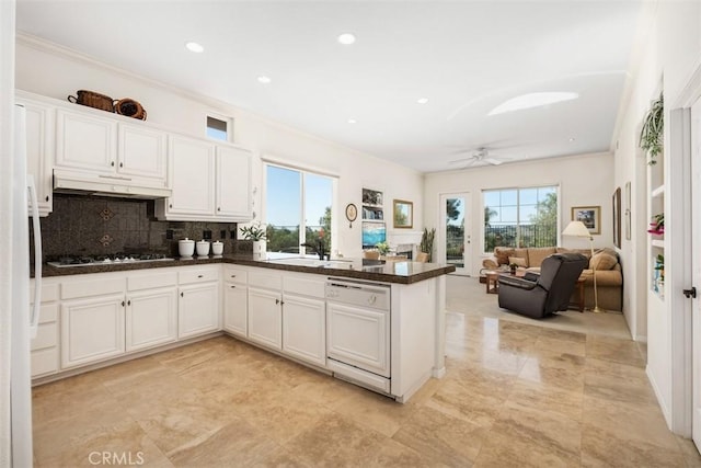 kitchen with tasteful backsplash, paneled dishwasher, open floor plan, white cabinetry, and under cabinet range hood