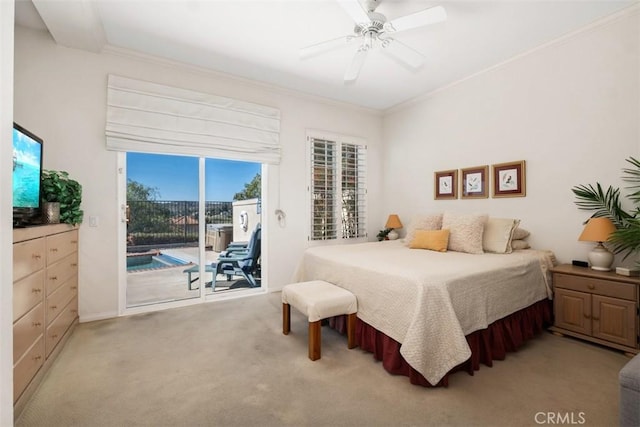 bedroom with ceiling fan, access to outside, ornamental molding, and light colored carpet