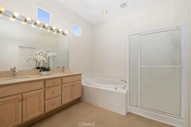 full bath with a garden tub, a sink, visible vents, double vanity, and an enclosed shower