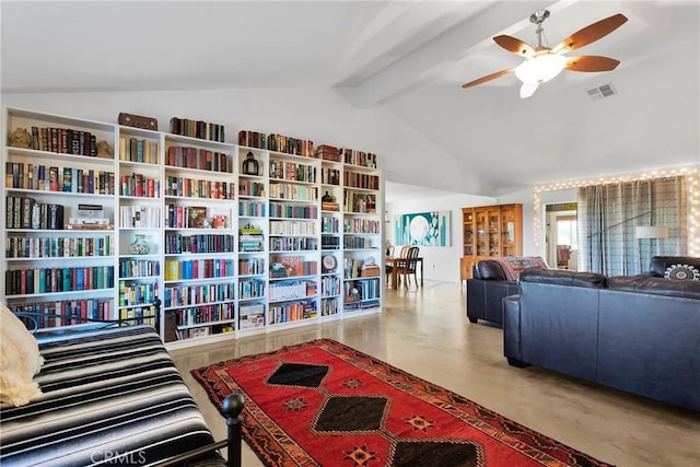 living room with lofted ceiling with beams, visible vents, and a ceiling fan