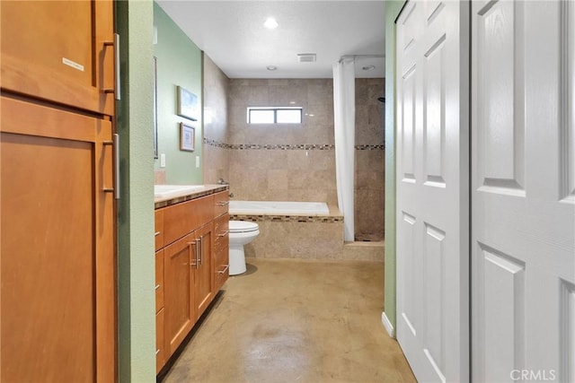 full bath with visible vents, toilet, tiled shower / bath combo, vanity, and concrete floors