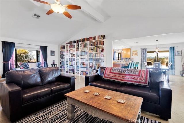 living area with lofted ceiling with beams, visible vents, and a ceiling fan