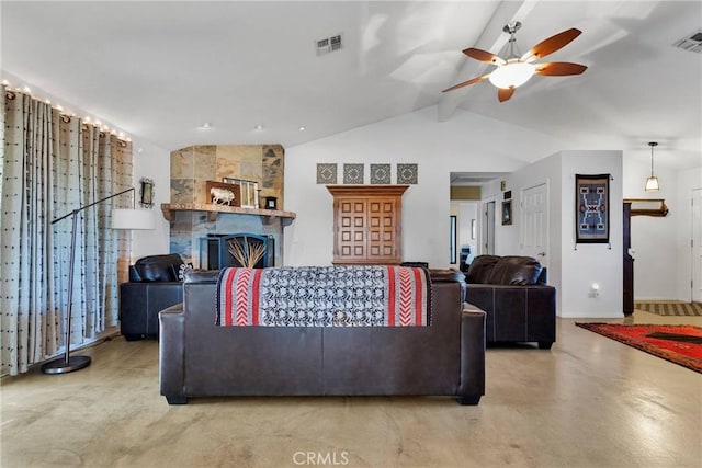 living room featuring a fireplace, visible vents, lofted ceiling with beams, ceiling fan, and concrete flooring