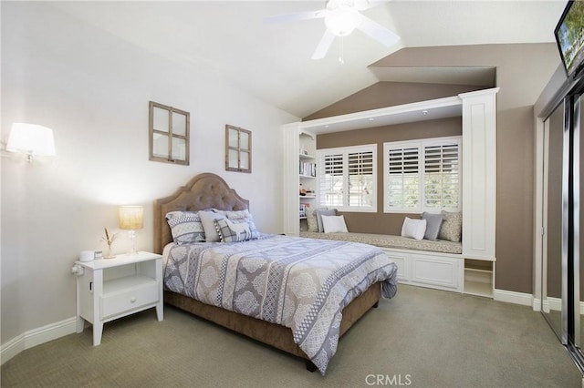 carpeted bedroom featuring vaulted ceiling, ceiling fan, a closet, and baseboards