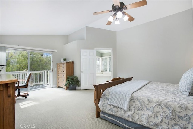 carpeted bedroom featuring vaulted ceiling, access to outside, and ceiling fan