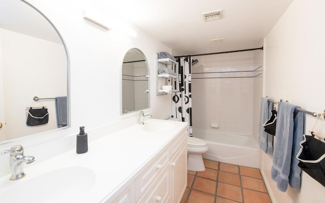 full bath with toilet, shower / bathtub combination with curtain, visible vents, and a sink