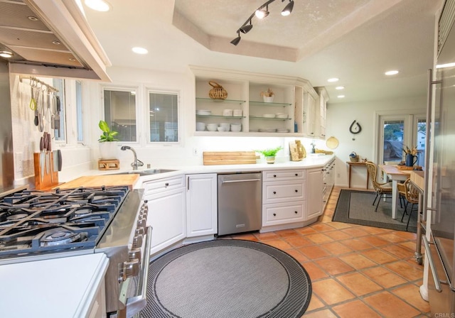 kitchen with white cabinetry, light countertops, ventilation hood, appliances with stainless steel finishes, and a raised ceiling