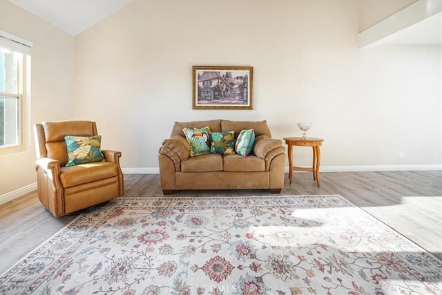 living area featuring vaulted ceiling, baseboards, and wood finished floors