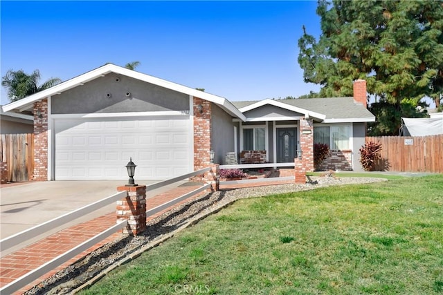 single story home with a garage, concrete driveway, brick siding, and fence