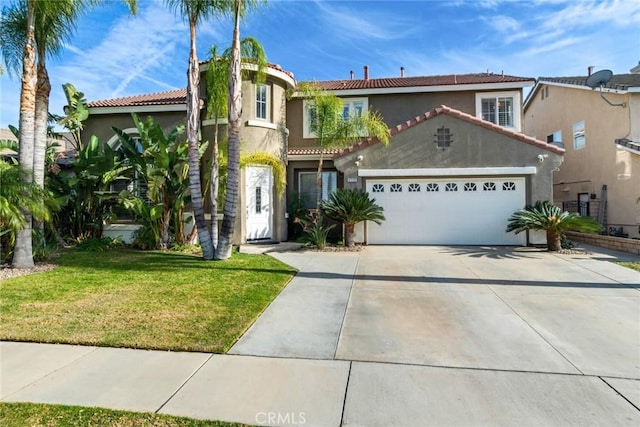 view of front facade featuring a garage, a tile roof, concrete driveway, stucco siding, and a front yard