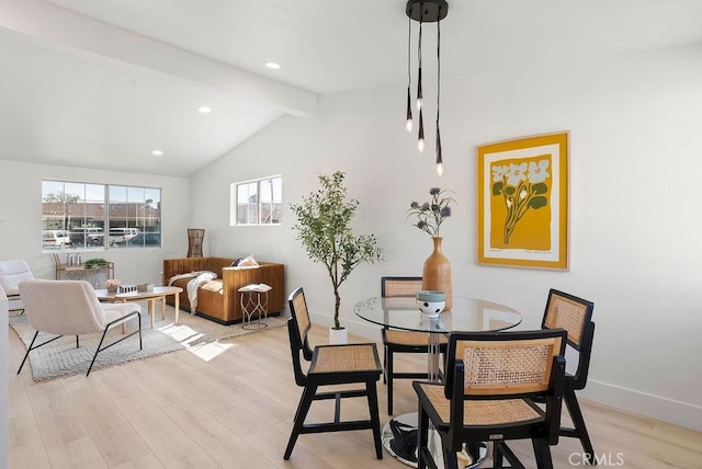 dining space featuring lofted ceiling with beams, light wood-style flooring, baseboards, and recessed lighting