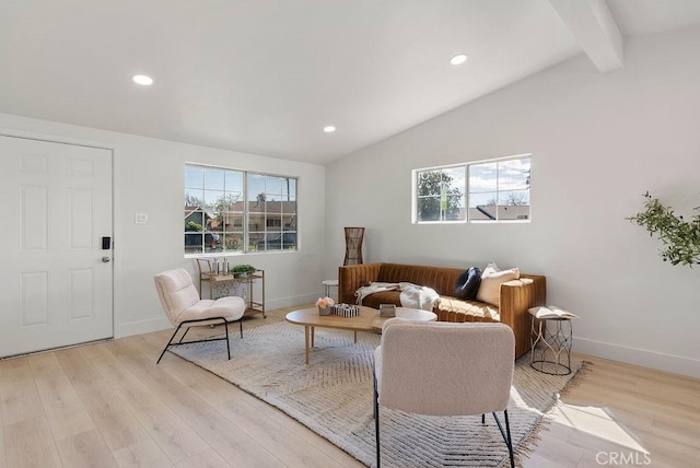 living area with lofted ceiling with beams, light wood-style flooring, baseboards, and recessed lighting