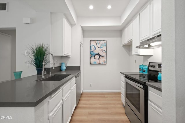 4200 Via Arbolada Unit 207, Los Angeles, CA 90042 - kitchen with appliances with stainless steel finishes, under cabinet range hood, a peninsula, light wood-style flooring, and dark countertops