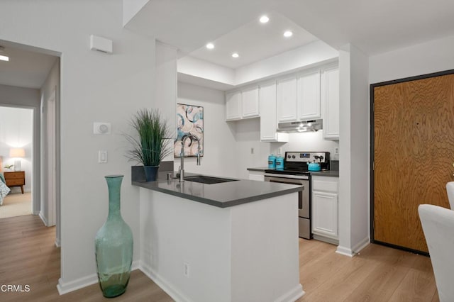 4200 Via Arbolada Unit 207, Los Angeles, CA 90042 - kitchen with stainless steel range with electric cooktop, under cabinet range hood, light wood finished floors, dark countertops, and recessed lighting
