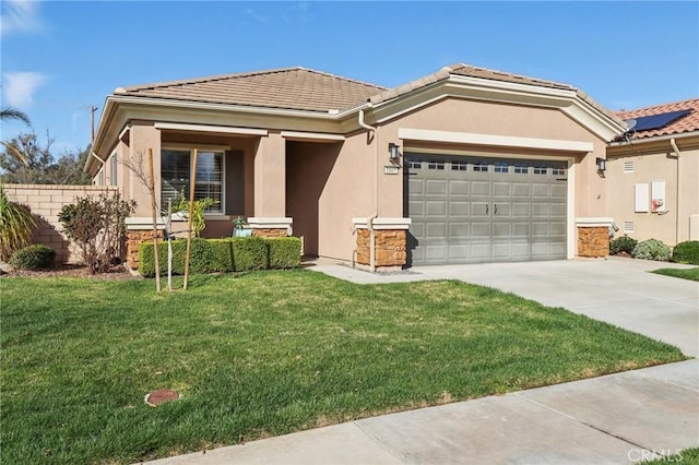 view of front of house with stone siding, a tiled roof, a front yard, and stucco siding