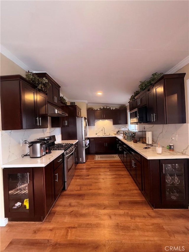 kitchen featuring light countertops, appliances with stainless steel finishes, dark brown cabinets, and under cabinet range hood