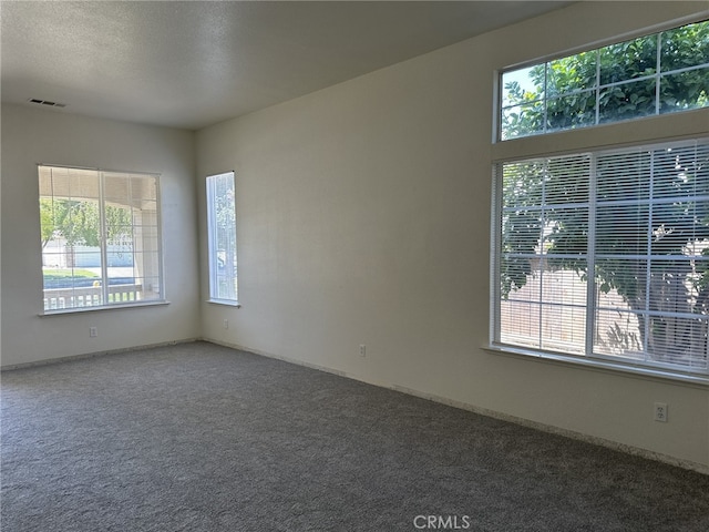 spare room with visible vents, a textured ceiling, and carpet flooring