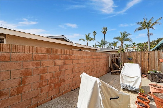 view of patio featuring a gate, fence, and area for grilling