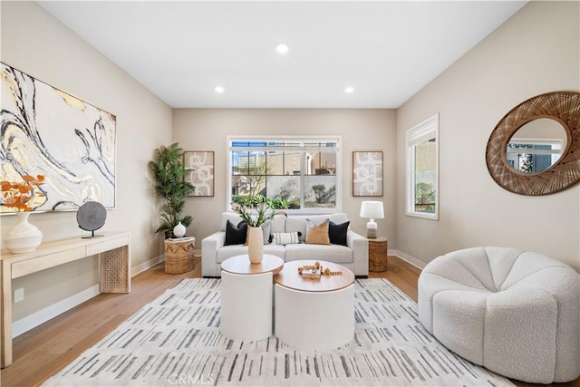 living area featuring baseboards, light wood-style flooring, and a healthy amount of sunlight