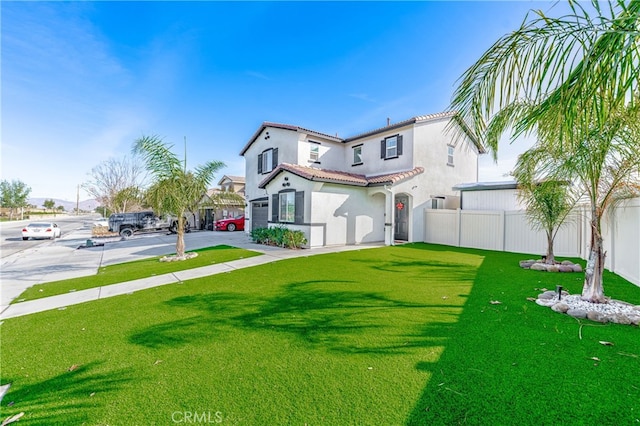 exterior space featuring fence, concrete driveway, a tiled roof, stucco siding, and a front lawn