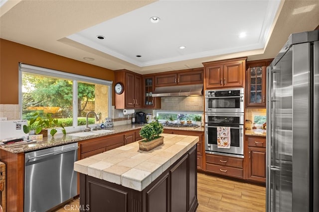 kitchen with a kitchen island, glass insert cabinets, a tray ceiling, stainless steel appliances, and a sink