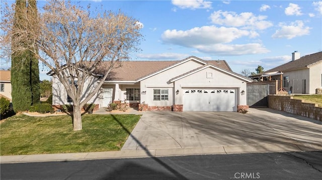 ranch-style house with stucco siding, an attached garage, fence, driveway, and a front lawn