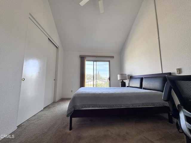 carpeted bedroom featuring vaulted ceiling, a ceiling fan, and access to exterior