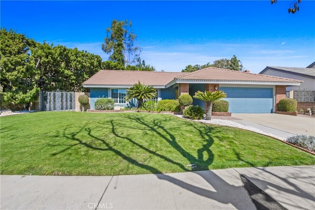 single story home with driveway, a tile roof, an attached garage, fence, and a front lawn