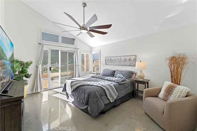 bedroom with high vaulted ceiling, a ceiling fan, and access to exterior