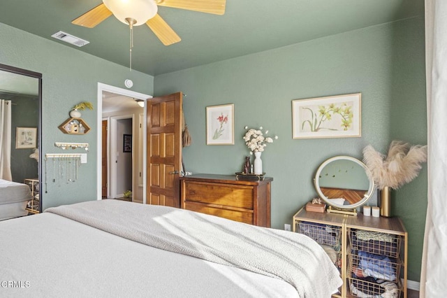 bedroom featuring a ceiling fan and visible vents