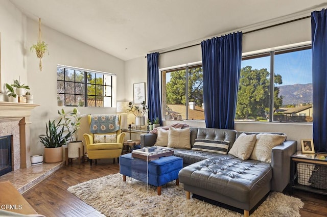 living area featuring lofted ceiling, a premium fireplace, dark wood finished floors, and a mountain view