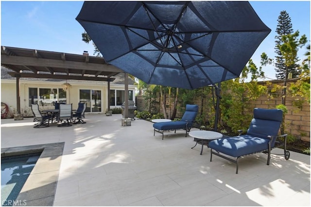 view of patio / terrace featuring outdoor dining space, fence, a grill, and a pergola