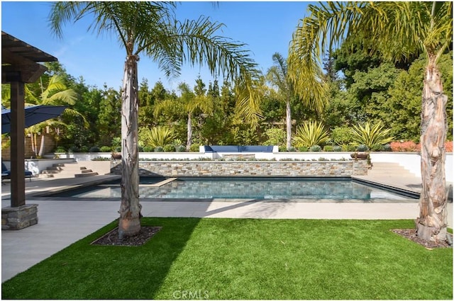 pool featuring a patio area and a lawn