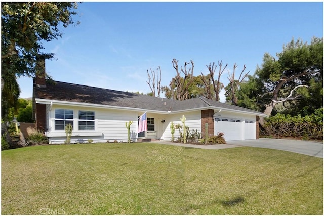 ranch-style house with entry steps, driveway, a front lawn, and an attached garage