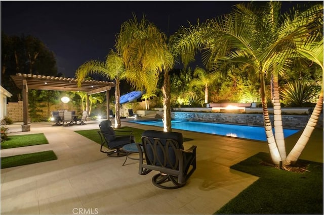 pool at twilight featuring a patio, an outdoor pool, and a pergola