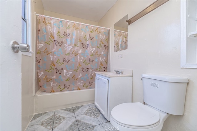 bathroom with vanity, toilet, and shower / bathtub combination with curtain