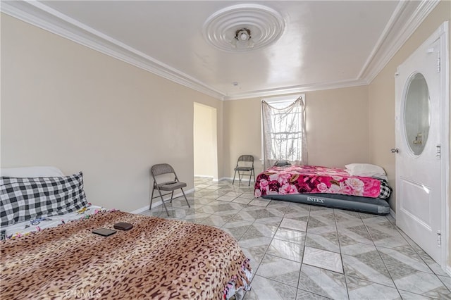 bedroom featuring marble finish floor, baseboards, and ornamental molding