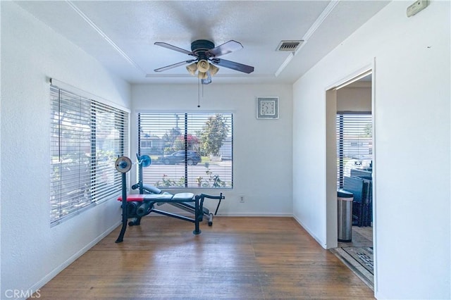 interior space with a wealth of natural light, visible vents, a ceiling fan, and wood finished floors