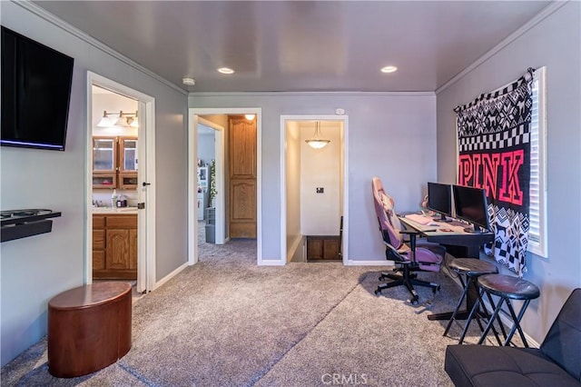 office space featuring recessed lighting, baseboards, carpet, and ornamental molding