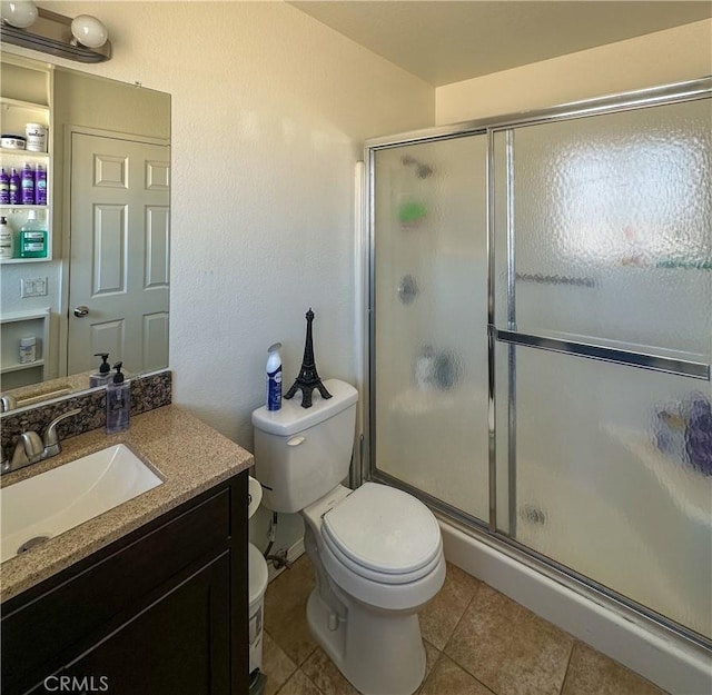 full bath featuring a stall shower, toilet, tile patterned flooring, and vanity