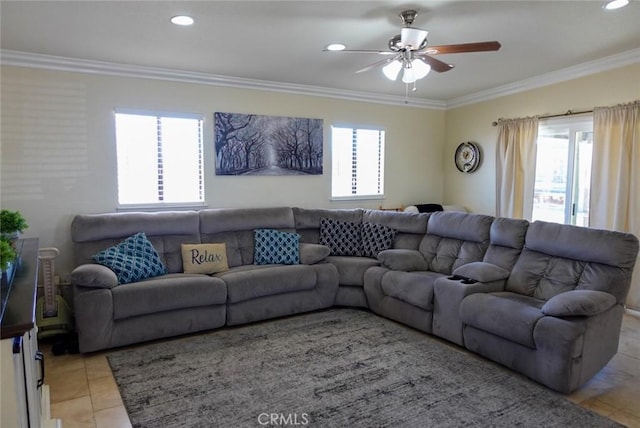 living room with a ceiling fan, ornamental molding, light tile patterned floors, and recessed lighting