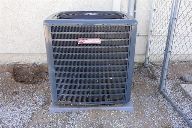 exterior view of central AC unit and stucco siding