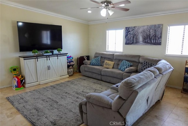living room with ornamental molding, ceiling fan, baseboards, light tile patterned flooring, and recessed lighting