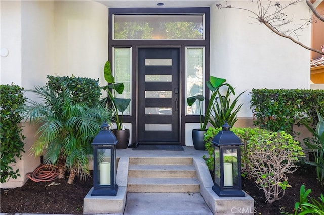 view of exterior entry featuring stucco siding