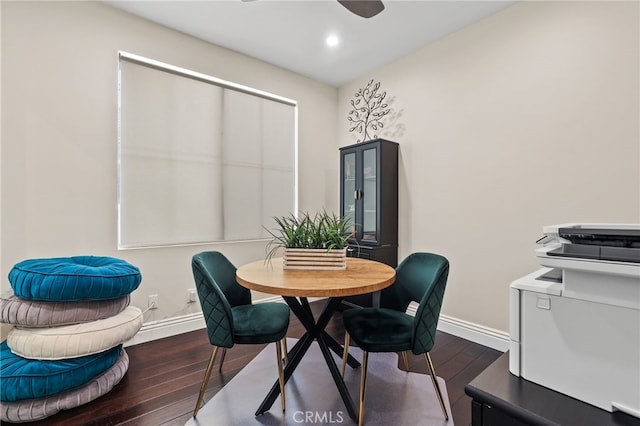 dining area featuring a ceiling fan, recessed lighting, baseboards, and wood finished floors