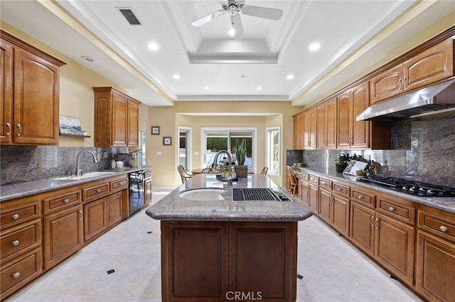 kitchen featuring a kitchen island with sink, a tray ceiling, under cabinet range hood, black appliances, and a sink