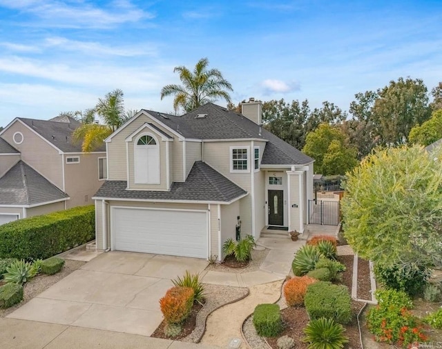 traditional-style home with a garage, concrete driveway, a shingled roof, and a chimney