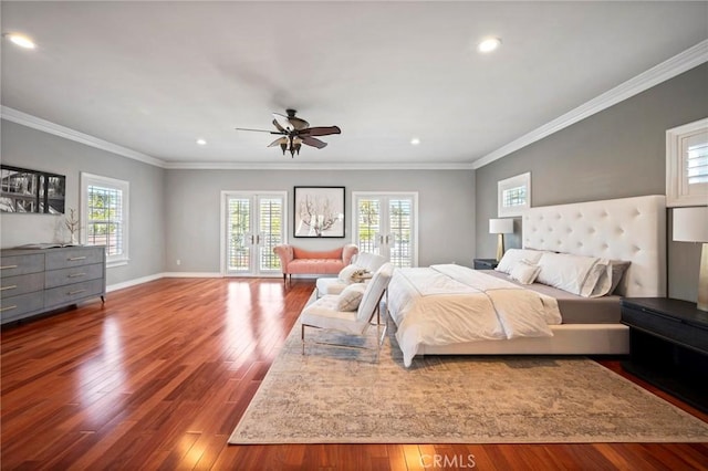bedroom with crown molding, access to outside, wood finished floors, and recessed lighting