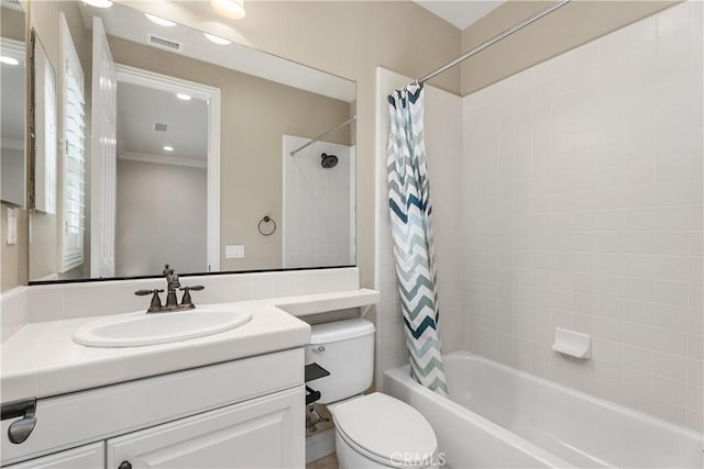 bathroom with visible vents, shower / tub combo with curtain, toilet, crown molding, and vanity