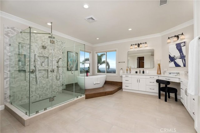 full bath with visible vents, a shower stall, vanity, and crown molding